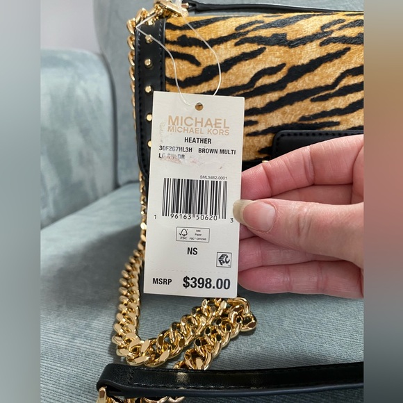 NWT Michael Kors, Heather Brown, multi tiger and leather gold Crossbody bag $398 - Picture 5 of 17